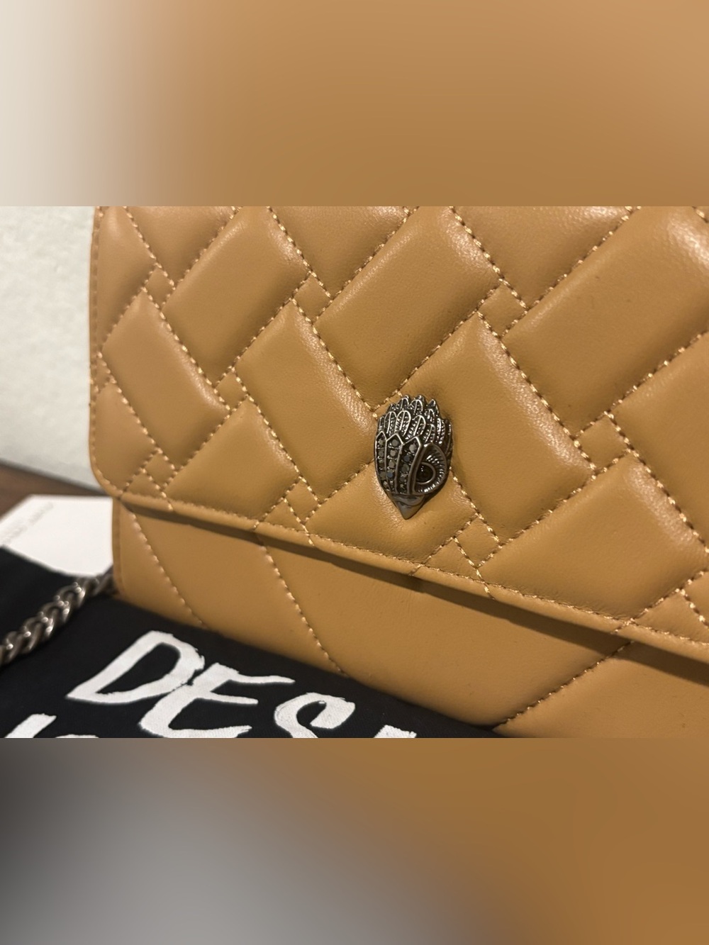 Kurt Geiger Quilted Crossbody Bag in Tan with Gun Metal Chain - Picture 7 of 12